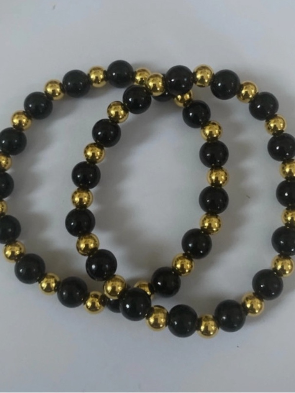 Hand Crafted Black and Gold Beaded Stretch Bracelet Set